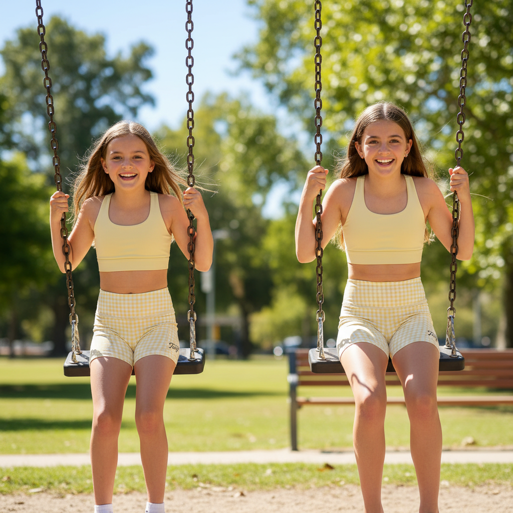 Two young girls in matching gingham pastel yellow bike shorts and pastel yellow crop top, swinging on a playground.