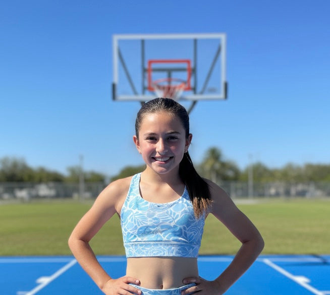 The Coco crop top in blue and white tropical print - front view