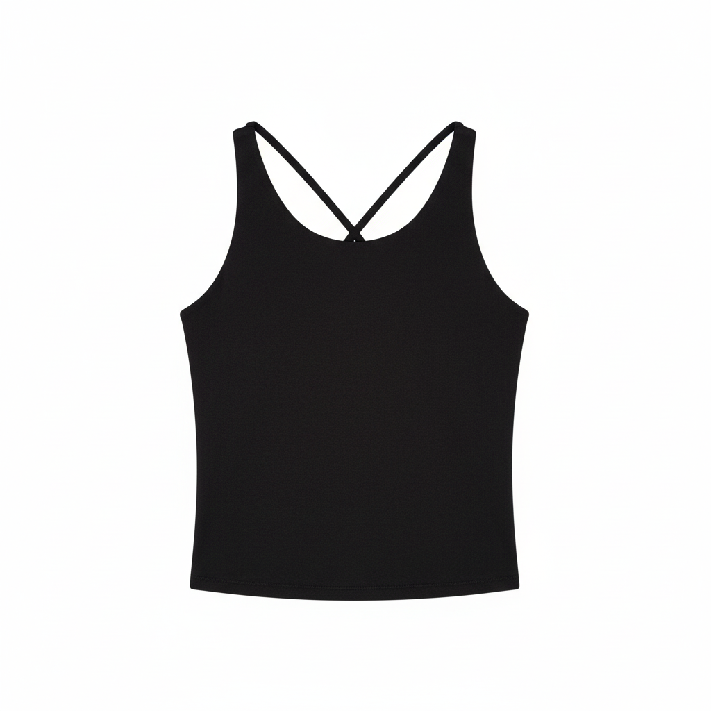Black tank bamboo top with criss-cross straps on a white background