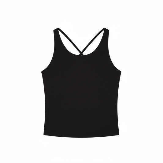 Black tank bamboo top with criss-cross straps on a white background