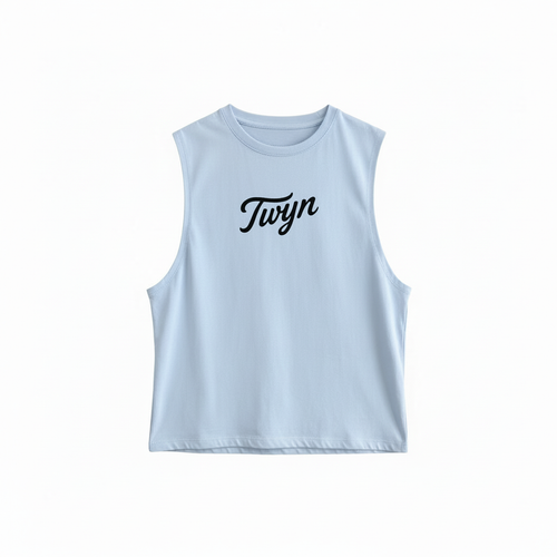 Light blue sleeveless organic cotton top with 'Twyn' branding on a white background