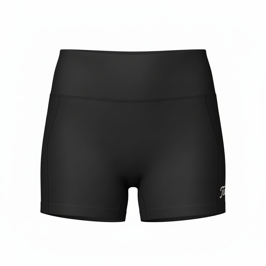 Black athletic shorts with a brand logo on a white background