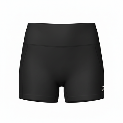 Black athletic shorts with a brand logo on a white background