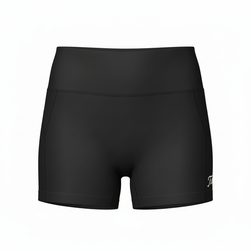 Black athletic shorts with a brand logo on a white background