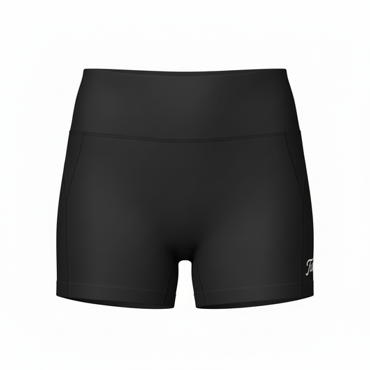 Black athletic shorts with a brand logo on a white background
