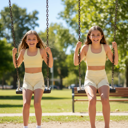 Two young girls in matching gingham pastel yellow bike shorts and pastel yellow crop top, swinging on a playground.